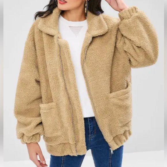 Fluffy Zip Up Winter Teddy Coat - Camel Brown - Picture 1 of 4